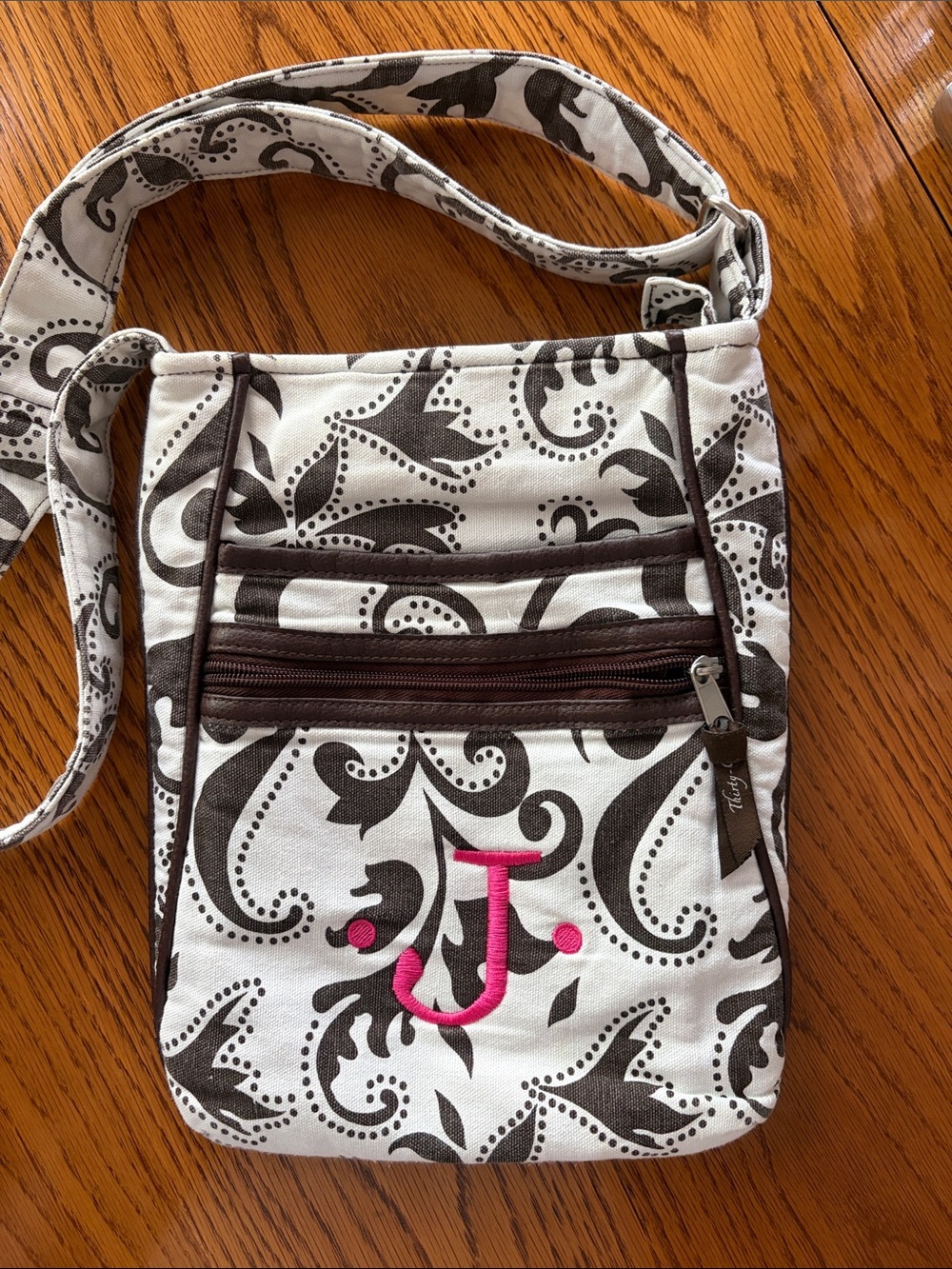 Thirty-One Crossbody Bag - White & Brown with Hot Pink Initial (J)